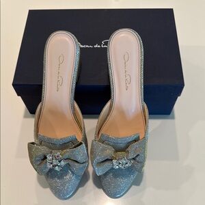 Oscar de la Renta Silver Mules with Bow Detail